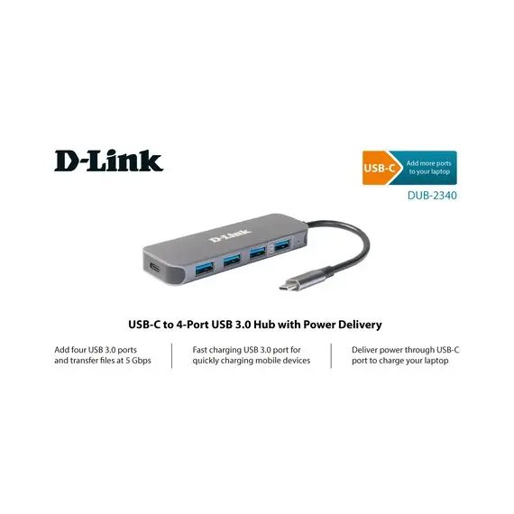 5 - USB Type-C Hub 4-port D-Link "DUB-2340/A1A" (3xUSB3.0, 1xUSB3.0/PD,...