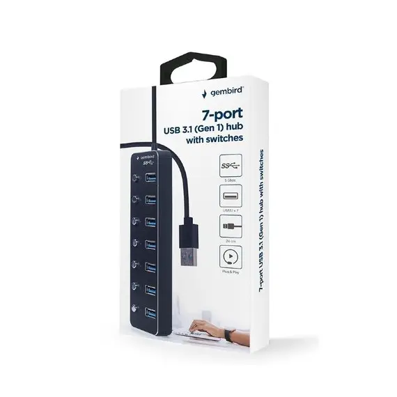 8 - USB 3.0 Hub 7-port with switches, Cable 24 cm, Gembird...