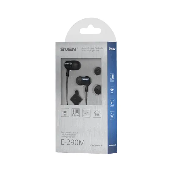 6 - Earphones SVEN E-290M, Black-Silver, with Microphone, 4pin 3.5mm...