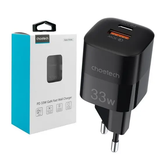 6 - Wall Charger CHOETECH, PD5006 A+C dual port 33W, Black