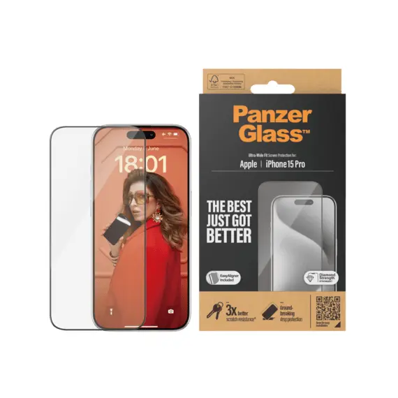 4 - PanzerGlass Apple iPhone 15 Pro ULTRA-WIDE FIT With EASYALIGNER, Black