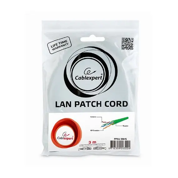 3 - Patch Cord Cat.6U 3m, Green, PP6U-3M/G, Cablexpert, Stranded Unshielded