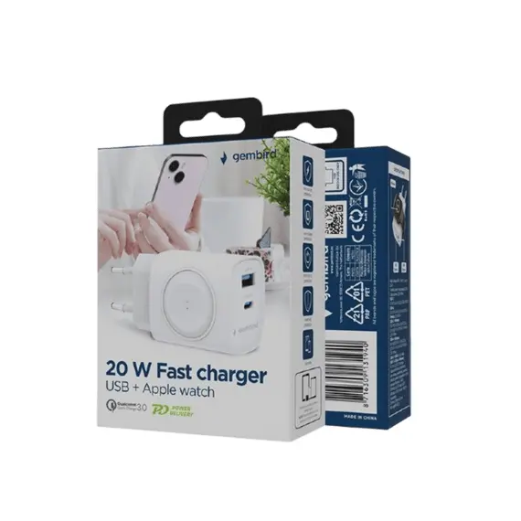 Wall Charger Gembird 2-port + Wireless Charging Apple Watch: Type-C 20W PD;...